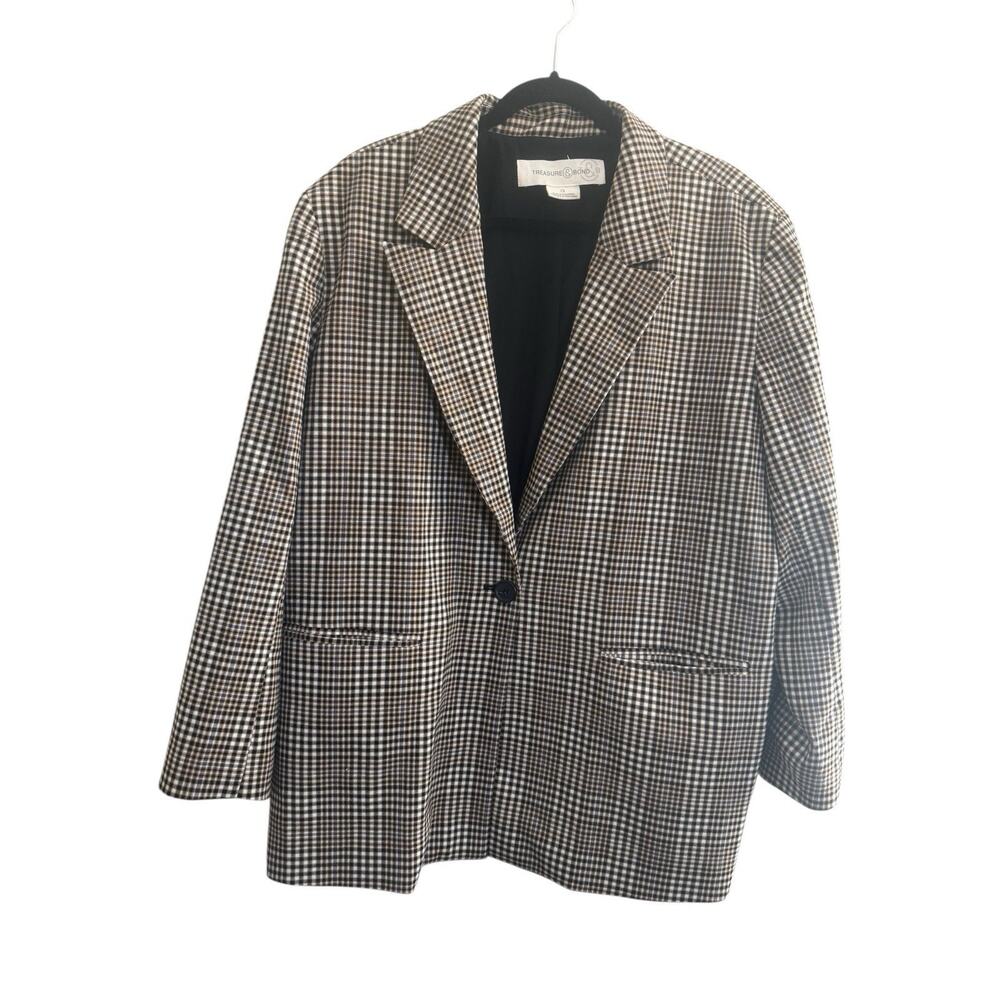 Treasure & Bond Plaid Blazer Jacket Womens Plus Size 1X Black Ivory Tan #6267